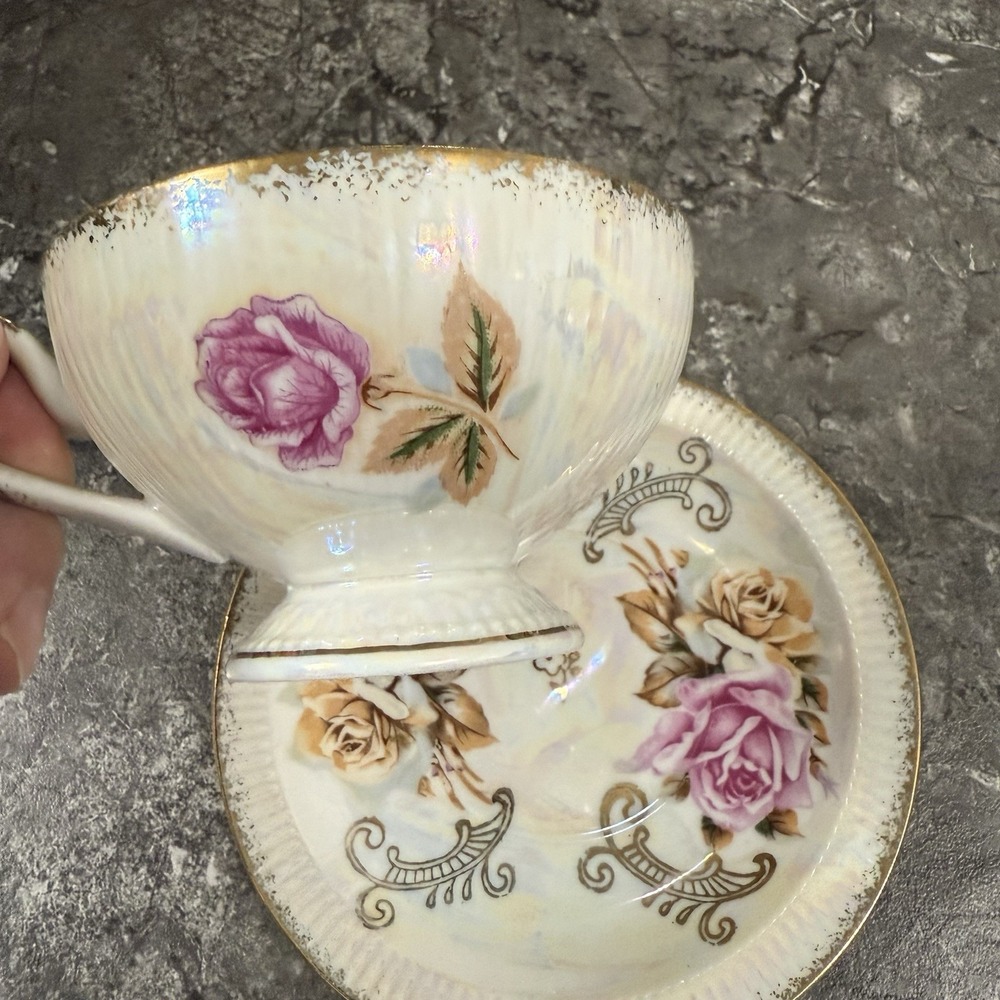 Vintage Inarco Japan Teacup Saucer Roses Gold Trim Lusterware Iridescent Rainbow